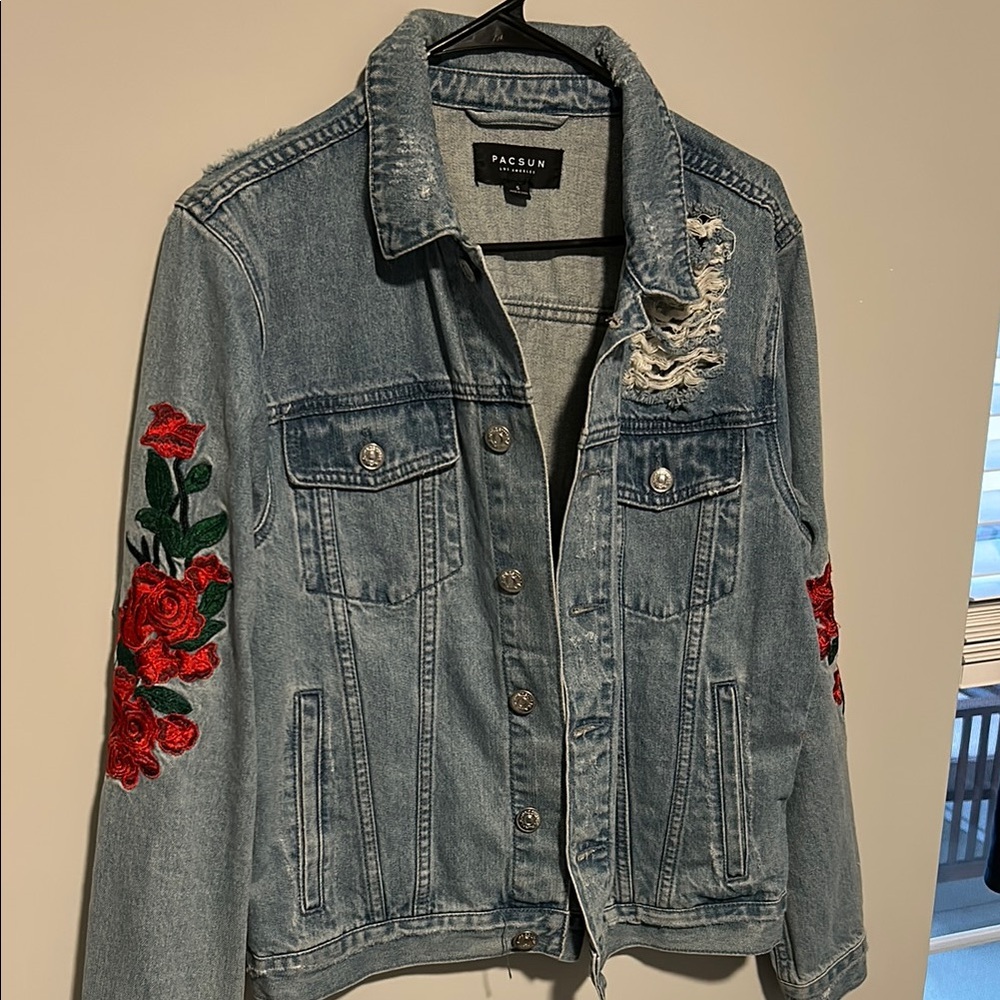 PacSun women’s denim jean jacket with embroidered roses